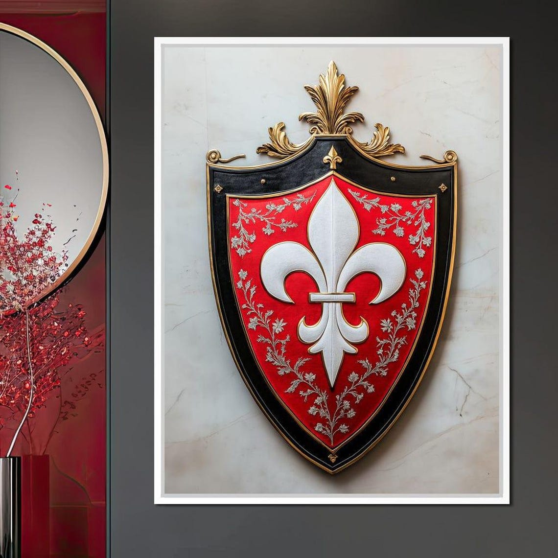 Red Shield with White Fleur De Lys on Black Marble Wall Poster - Image 4
