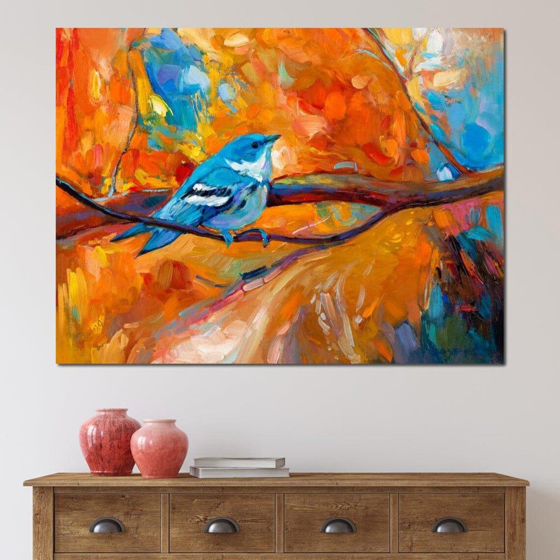 Blue Songbird Branch Fiery Orange Abstract Colorful Bird Painting Art - Image 4