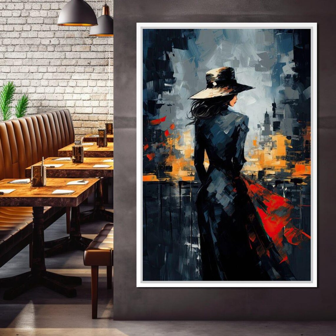 Night City Woman Dark Dress Fedora Monochrome Red Accents Art Print - Image 4