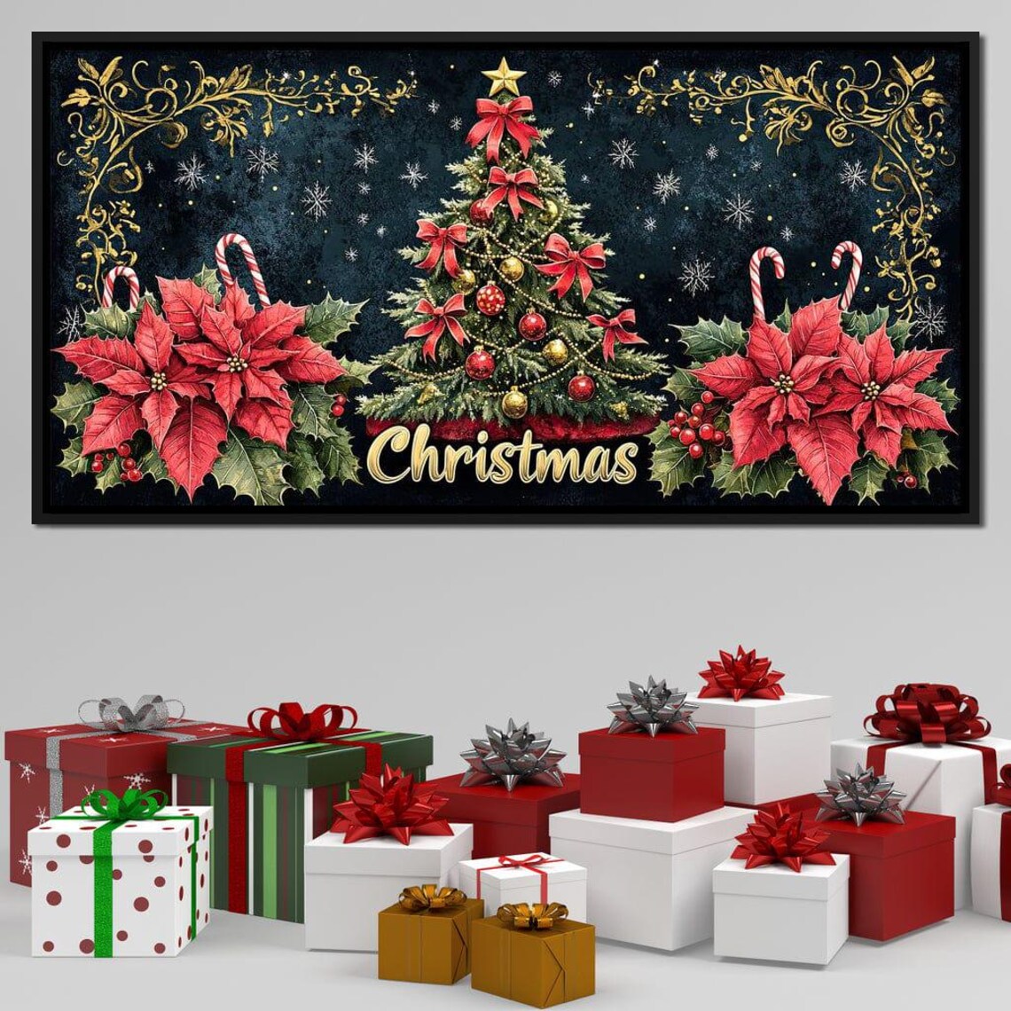 Christmas Tree Poinsettia Candy Cane Gold Lettering Holiday Poster