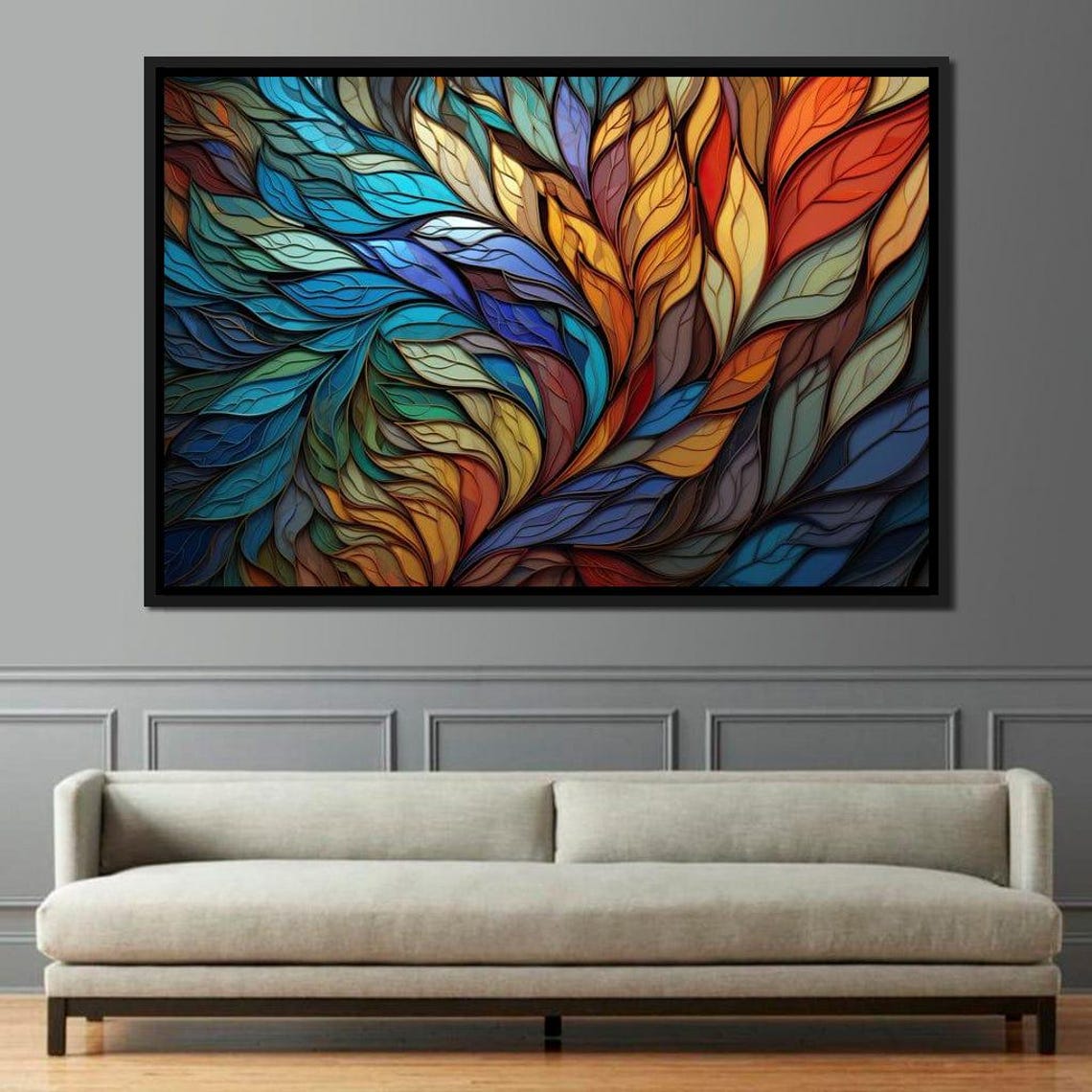 Stained Glass Leaf Mosaic Teal Amber Five Panel Wall Art Poster - Image 2