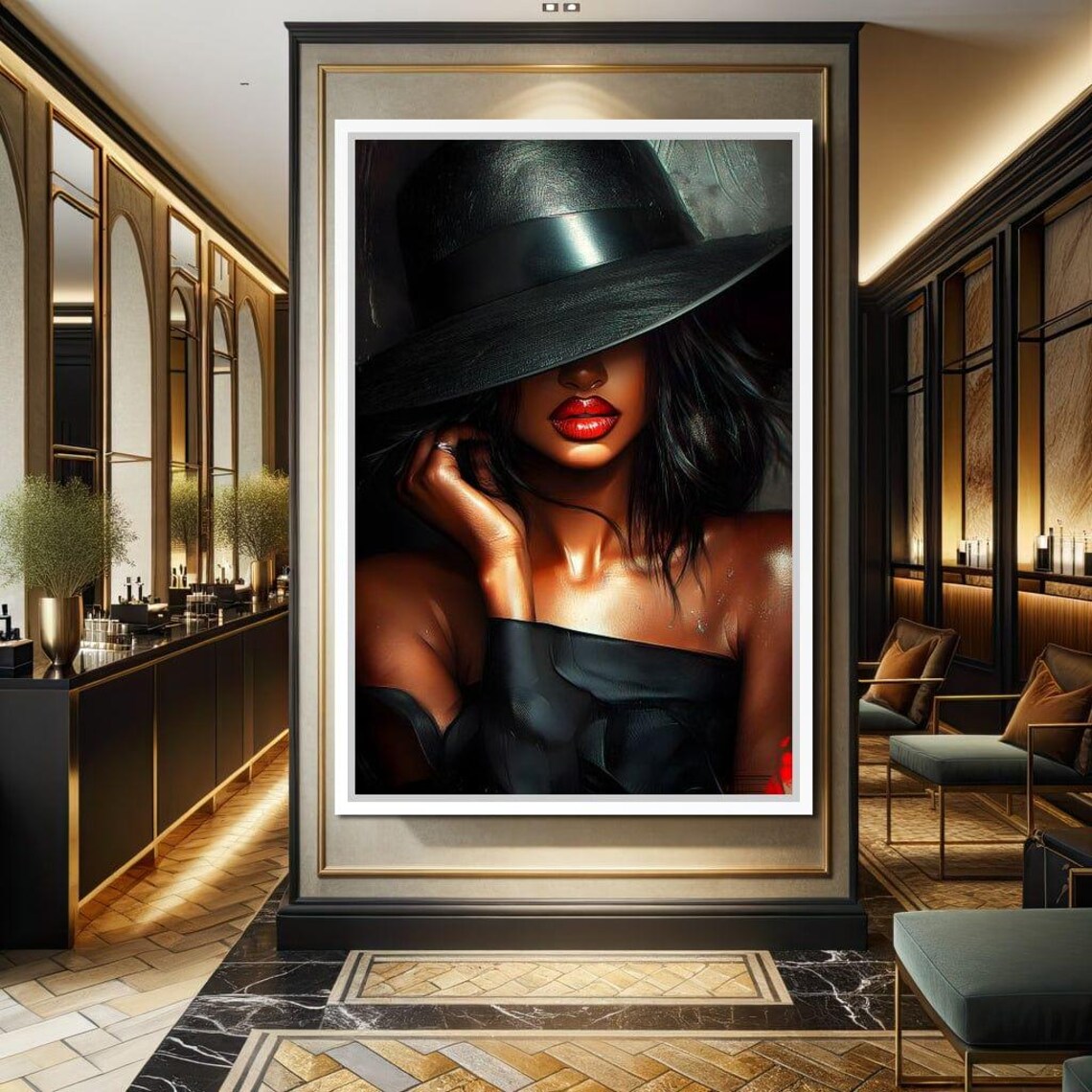 Elegant Woman in Black Hat Red Lips Glamour Fashion Portrait Wall Poster - Image 3