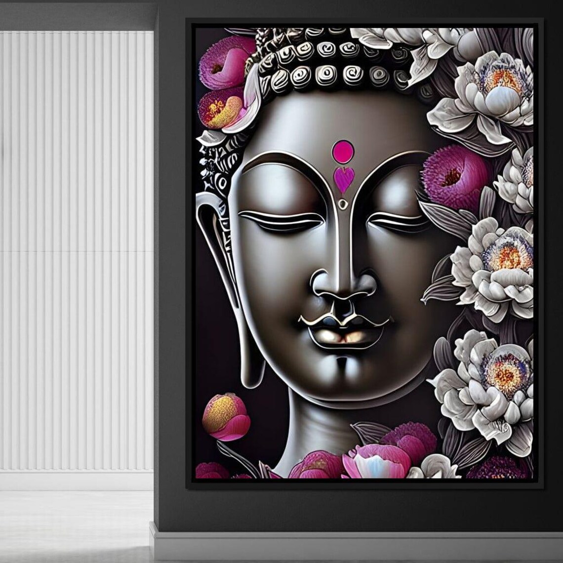 Silver Buddha Face Pink Grey Flowers Lotus Zen Calm Meditation Poster