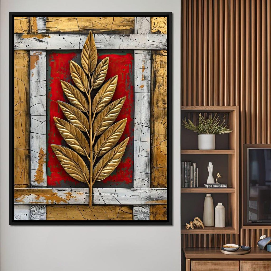 Golden Leaf Branch Red and Gold Textured Luxury Abstract Wall Art - Image 3
