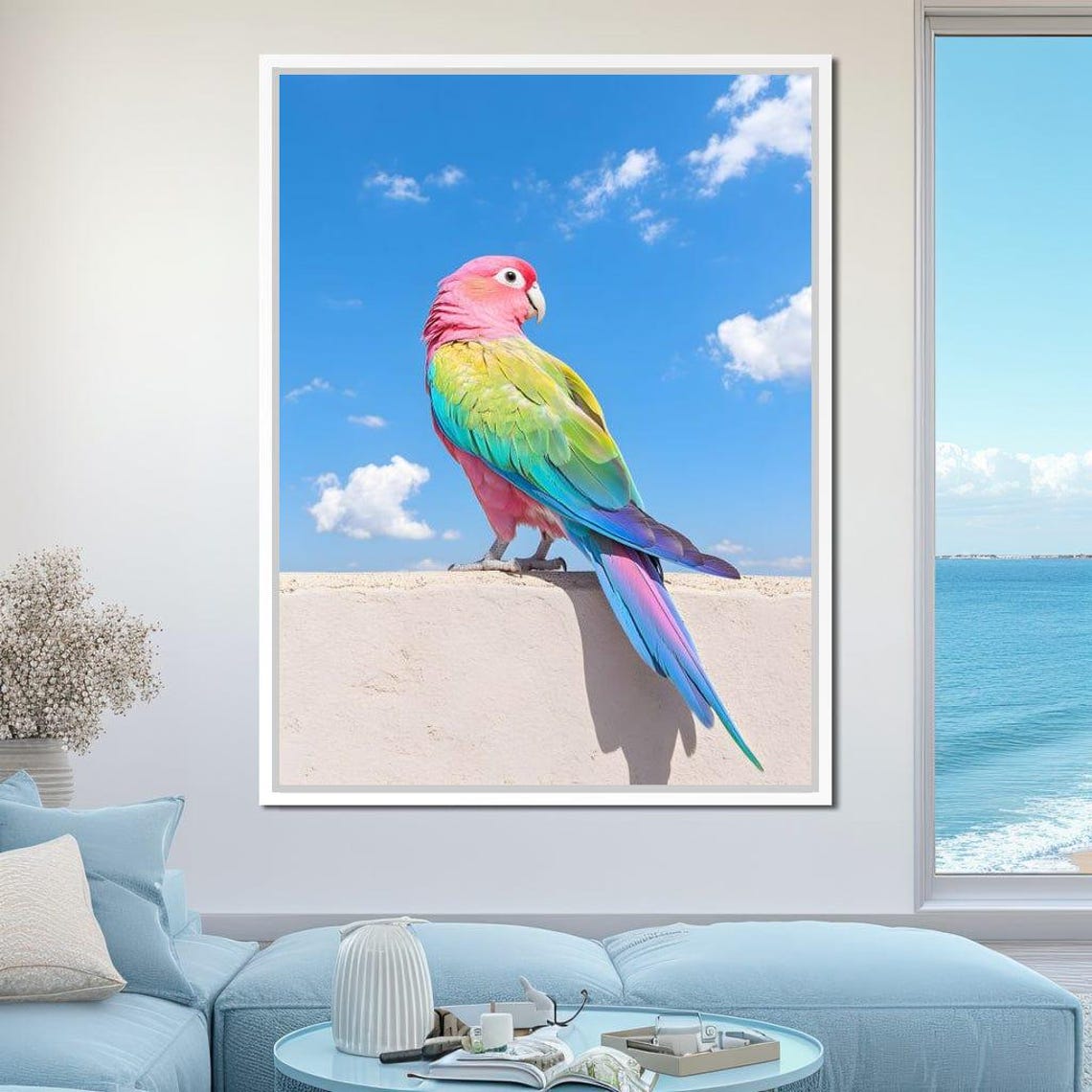 Vibrant Pink Parrot Perched On A Wall Under A Blue Sky Poster