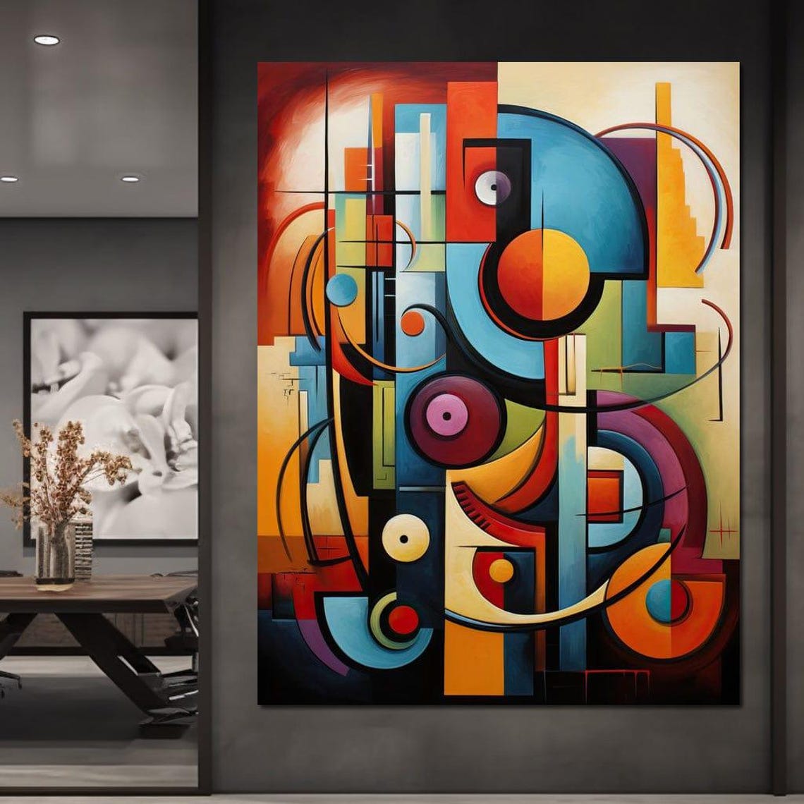 Multicolor Cubist Geometric Circles Framed Modern Abstract Wall Art - Image 3