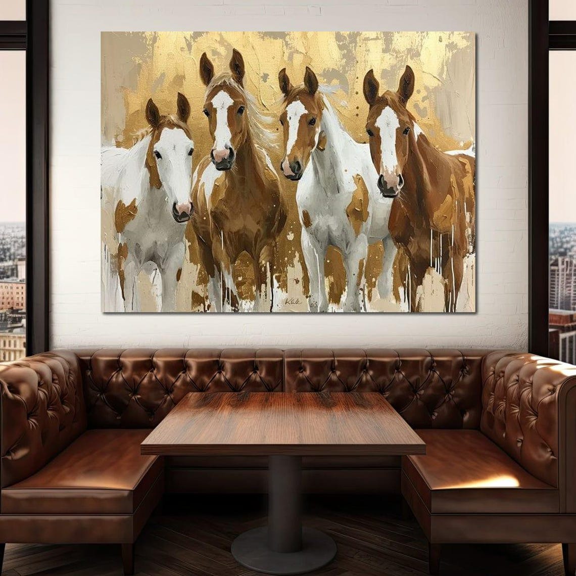 Four Horses Golden Background Elegant Equestrian Animal Art Poster - Image 3