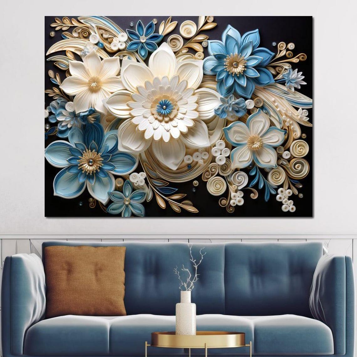 Paper Quilling White Blue Gold Floral 3D Art On Black Wall Print - Image 2