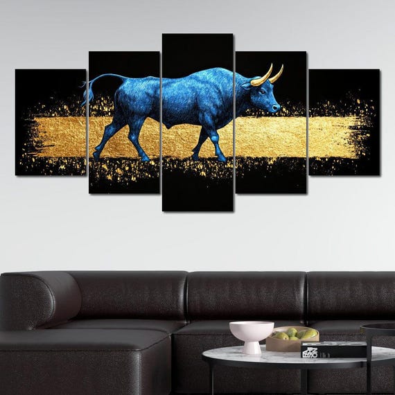 Golden Passage Blue Bull Bold Modern Wall Art Home Decor Contemporary Bull Abstract Design By Nichecanvas