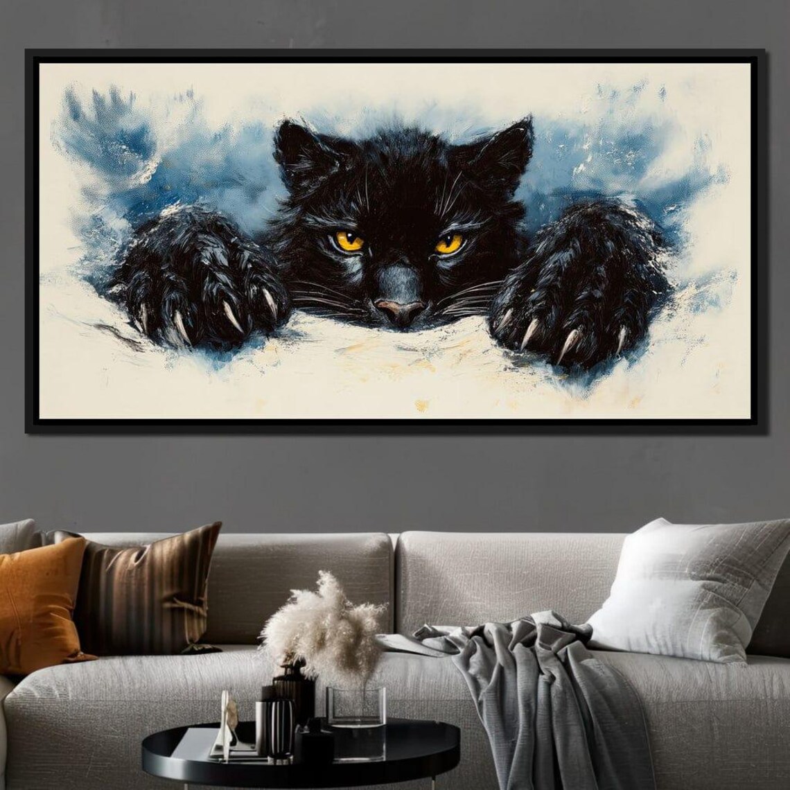 Fierce Black Panther Snow Watercolor Portrait Framed Wildcat Wall Art