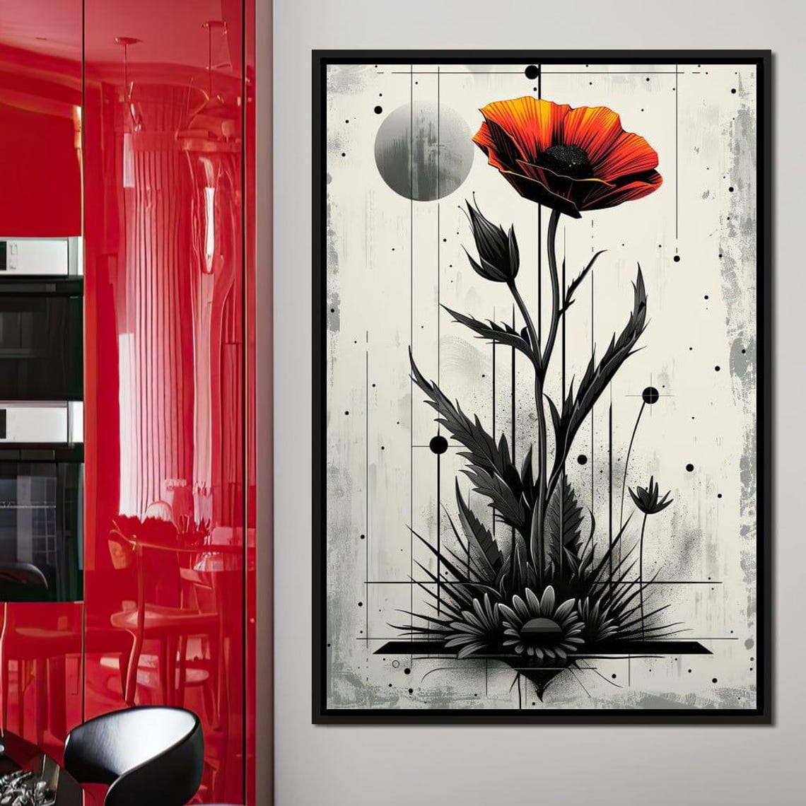 Single Red Poppy Black Leaves Moon Minimalist Botanical Poster