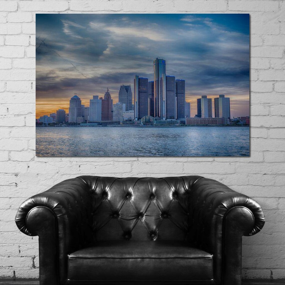 Detroit Michigan Skyline At Sunset Over Water Cityscape Art Poster - Image 4