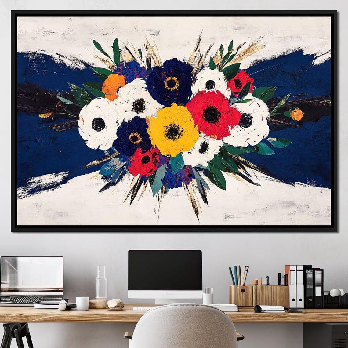 Vibrant Poppies Bouquet Bold Red Blue Yellow Floral Impasto Wall Art - Image 4