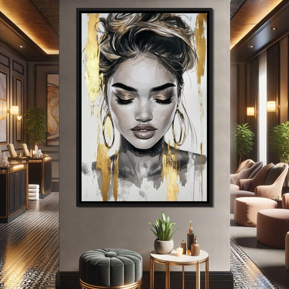 Golden Brushstroke Woman Portrait With Hoop Earrings Modern Art Poster - Image 3