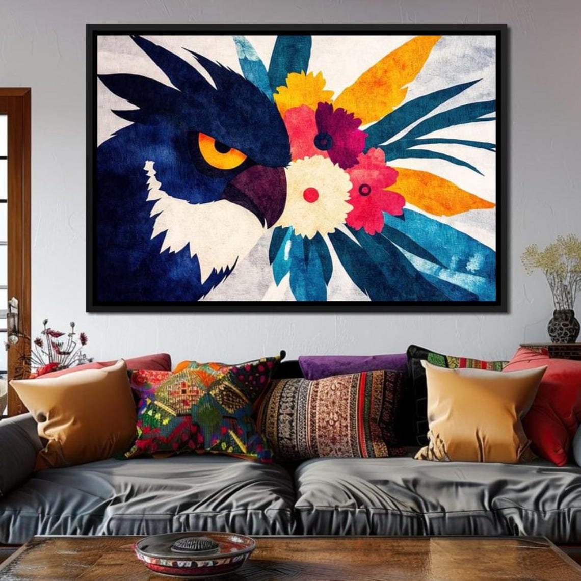 Blue Black Eagle Owl Portrait Vibrant Tropical Floral Abstract Poster