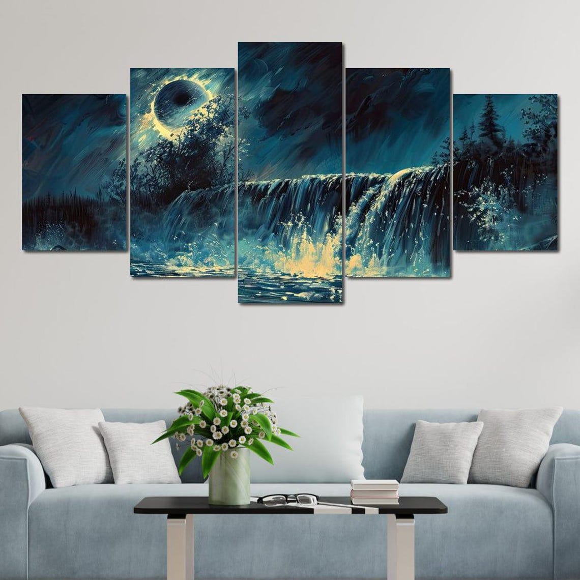 Lunar Cascade Turquoise Waterfall Art Nightscape Mystical Landscape Dreamy Nature Decor Fluid Lunar Scene By Nichecanvas - Image 4