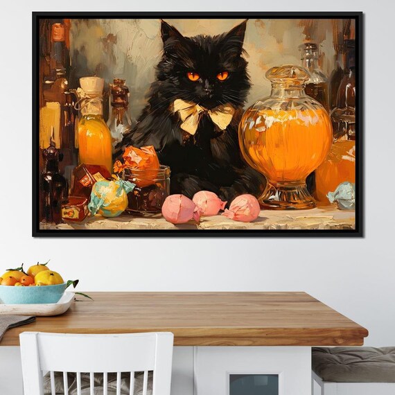 Black Cat With Bow Tie Among Candy Jars Sweet Still Life Art Poster