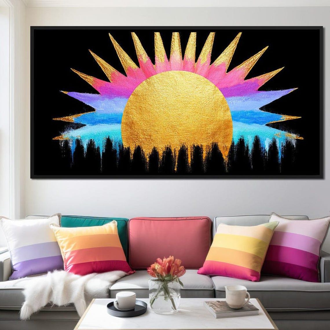 Golden Sun Rainbow Rays Black Forest Silhouette Bold Modern Print - Image 2