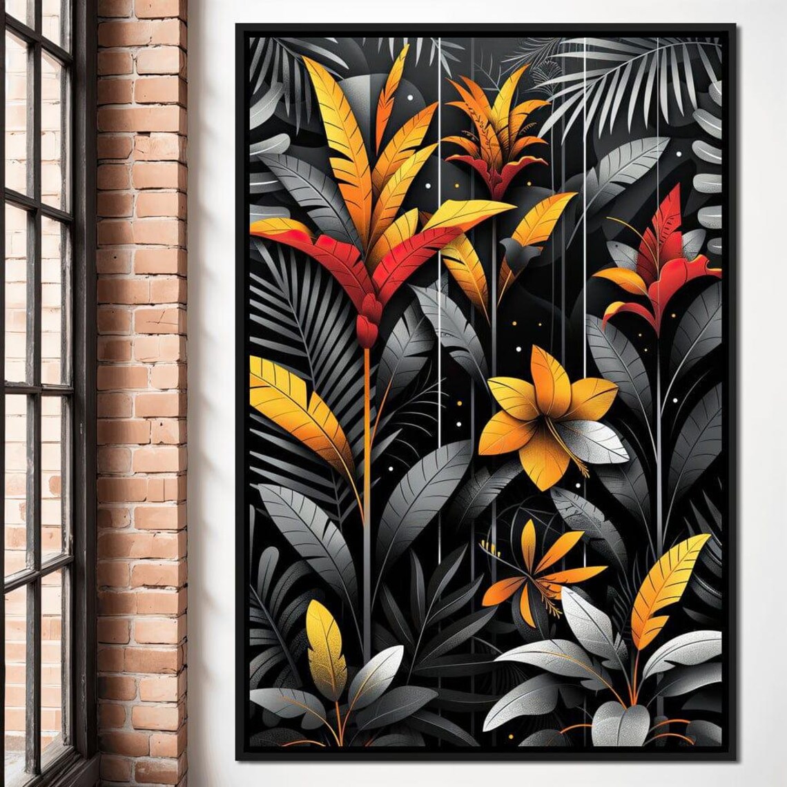 Golden Tropical Leaves Fiery Blooms Black Jungle Night Wall Art - Image 3