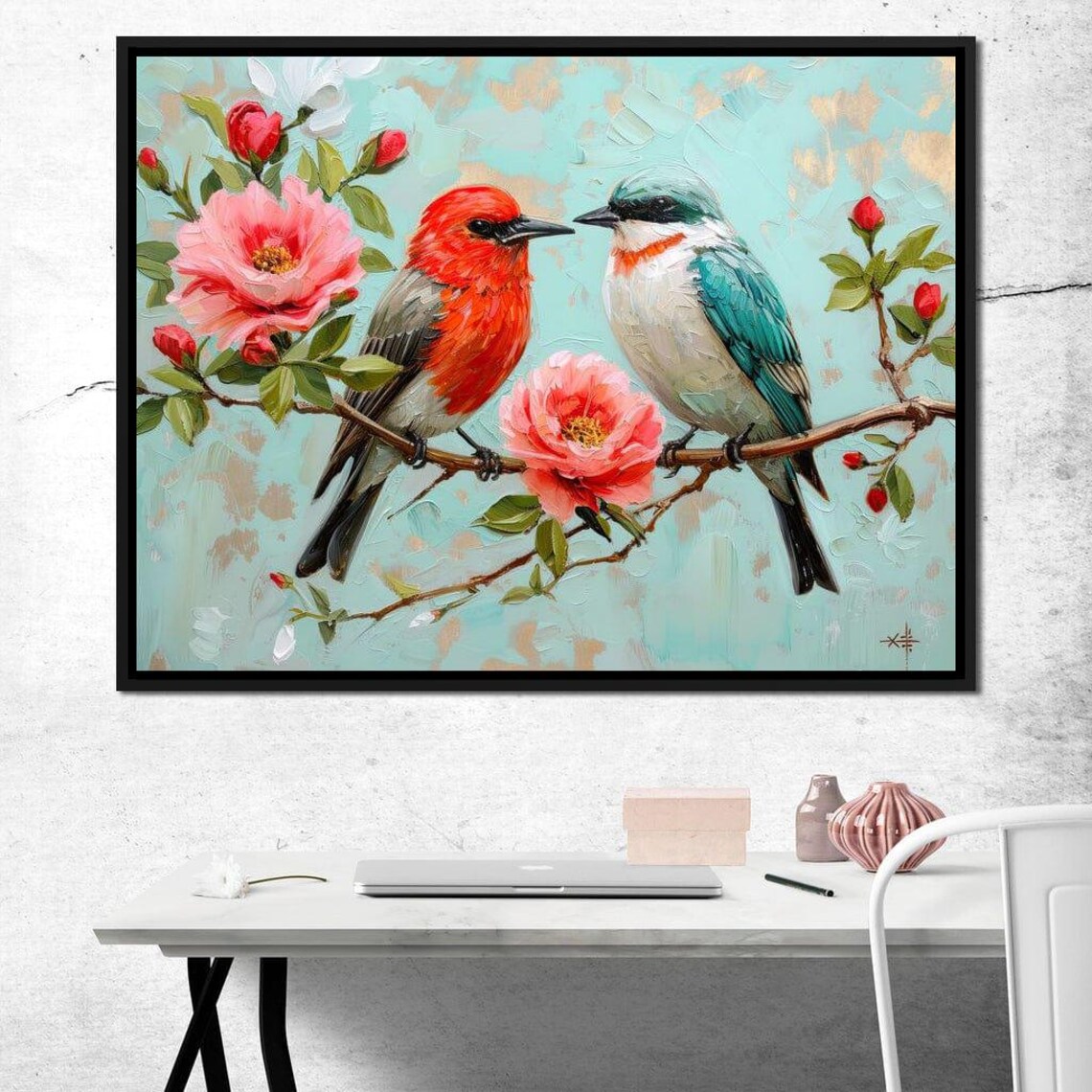 Two Colorful Songbirds Pink Blossom Branch Bird Floral Wall Art Print - Image 4