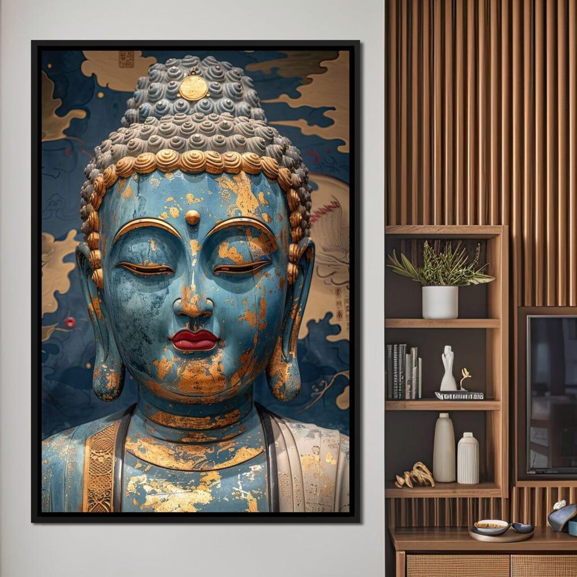 Blue Buddha Statue Gold Details Navy Background Peaceful Zen Art Poster - Image 4