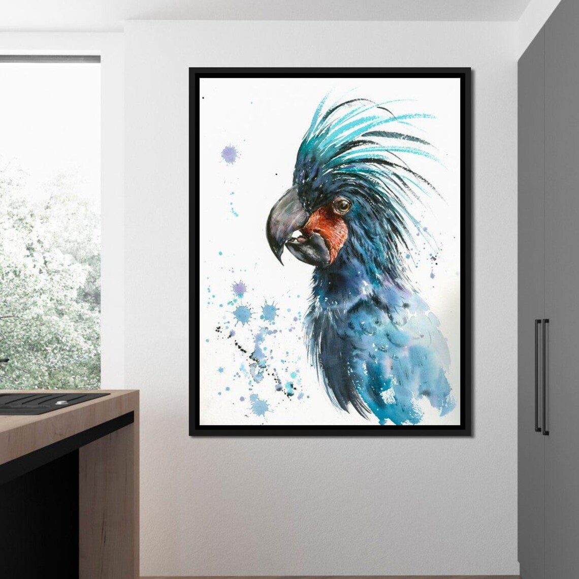 Palm Cockatoo Teal Blue Tropical Bird Watercolor Portrait Wall Art