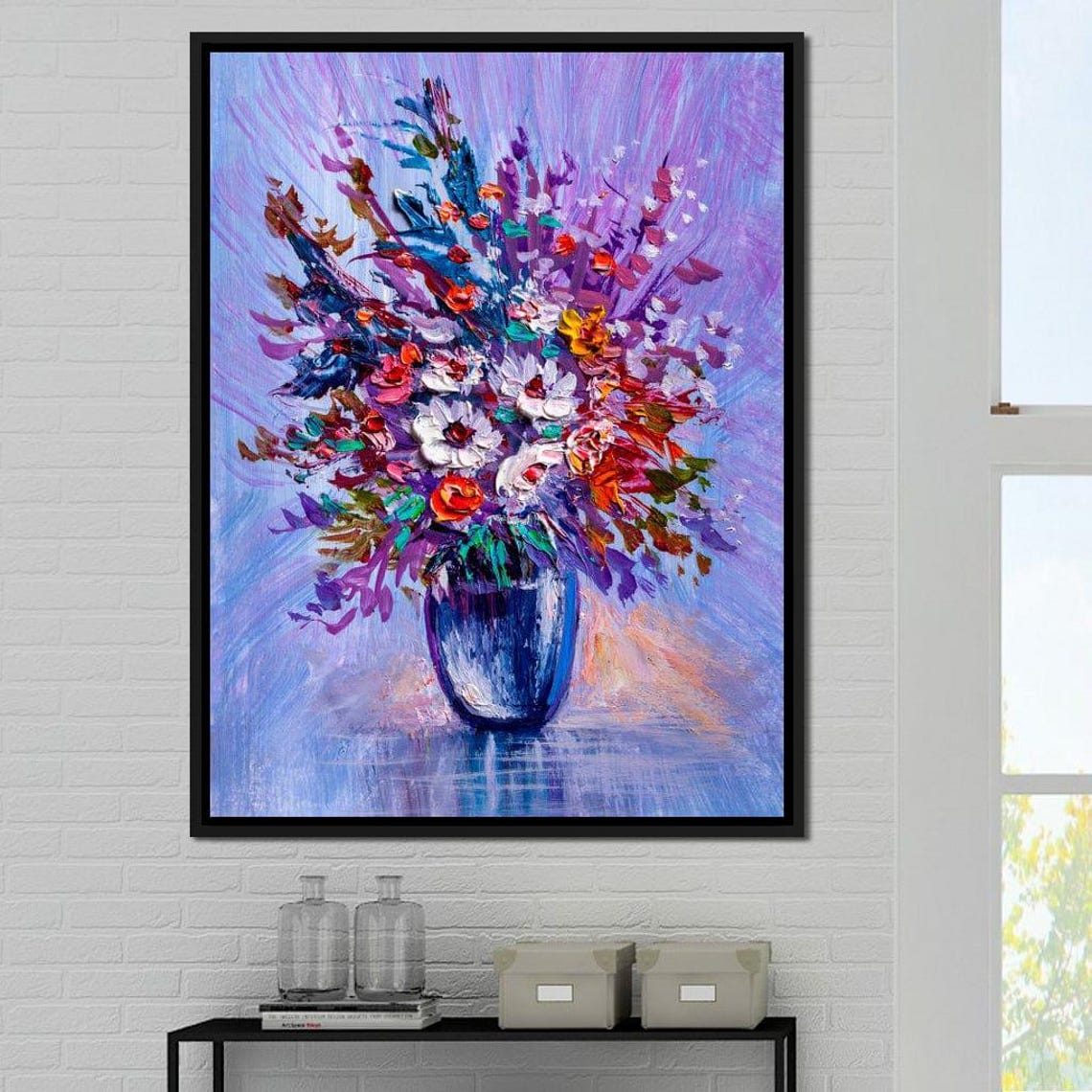 Wildflower Bouquet Impasto Blue Vase Purple Background Wall Art