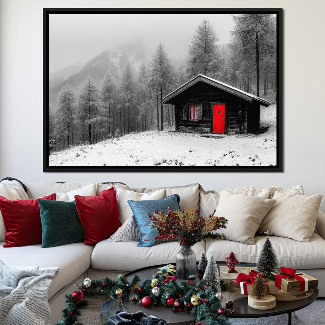 Snowy Mountain Cabin Red Door Winter Forest Selective Color Poster - Image 3