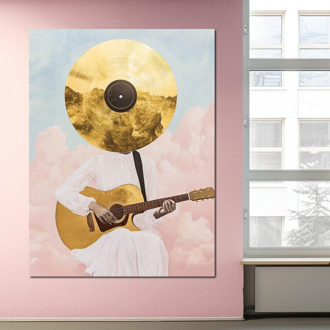 Golden Vinyl Record Head Guitar Player Pink Clouds Dreamy Music Art Poster - Image 2