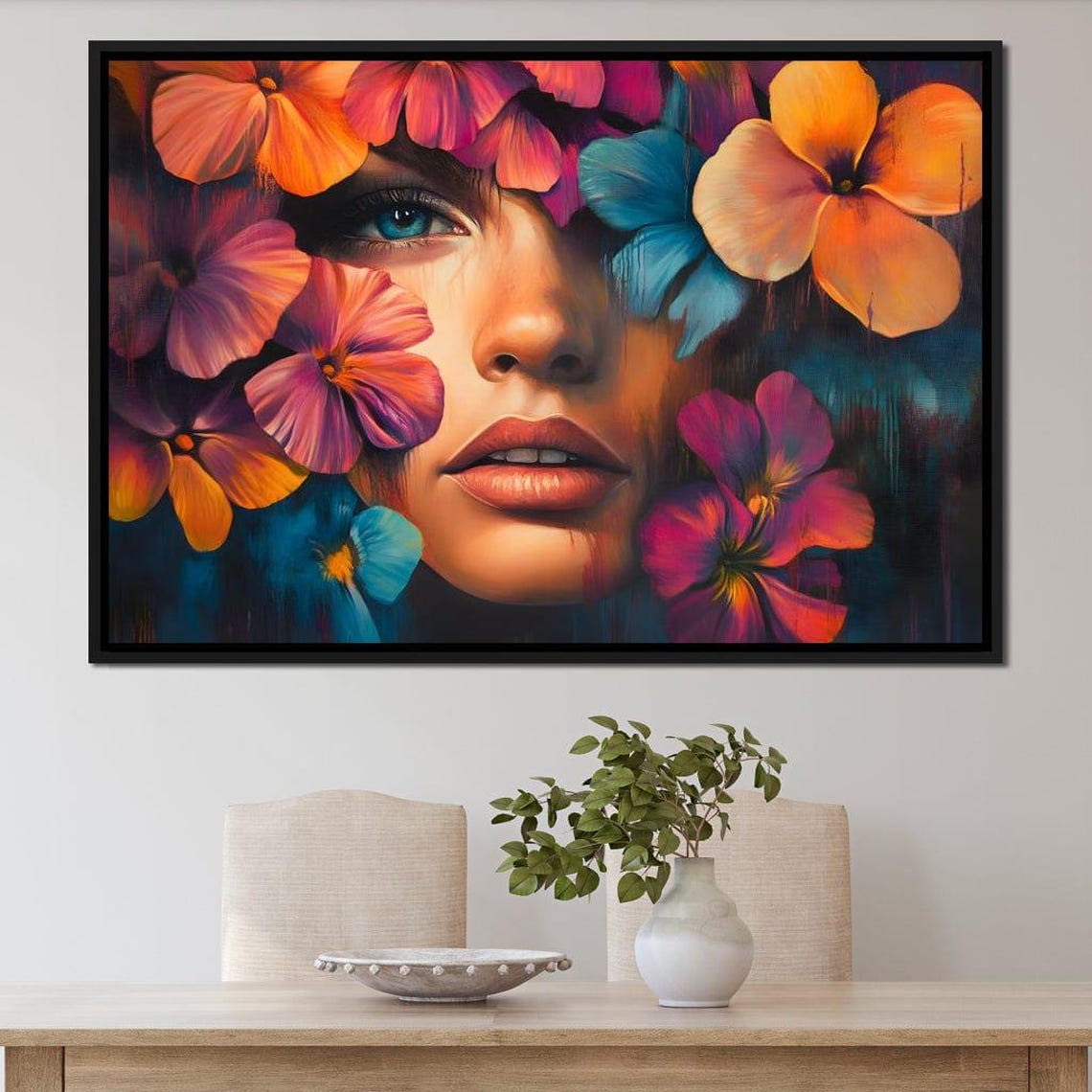 Dreamy Woman Face Framed by Vibrant Colorful Pansy Flowers Poster - Image 2
