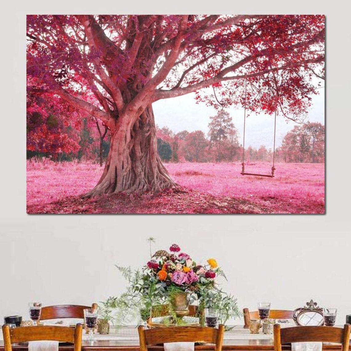 Pink Cherry Blossom Tree Swing in a Dreamy Spring Meadow Nature Poster - Image 4