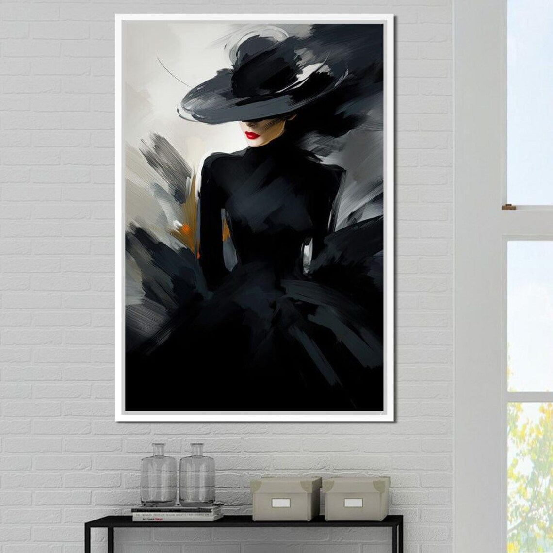 Black White Fashion Woman Wide Brim Hat Red Lips Minimalist Poster - Image 2