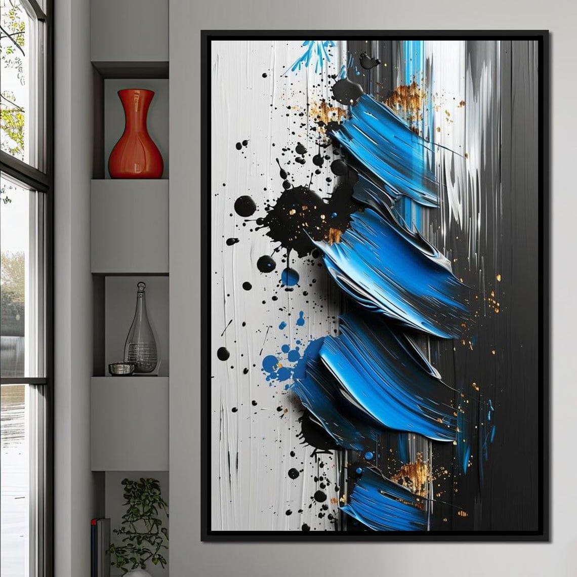 Blue Black White Abstract Art Bold 3D Brushstroke Splatter Wall Poster - Image 3