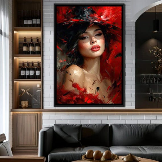 Sanguine Sirens Serenade Romantic Modern Decor Female Portrait Red Black Art Fashion Wall Art Bold Colors By Nichecanvas