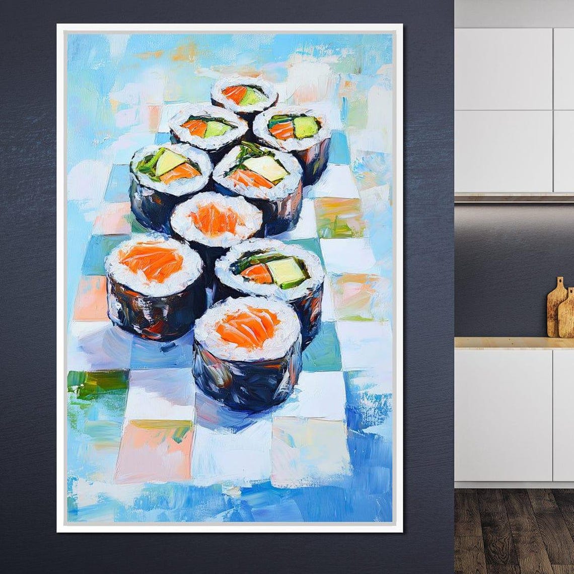 Sushi Maki Rolls Salmon Avocado Pastel Checkered Kitchen Wall Poster - Image 4