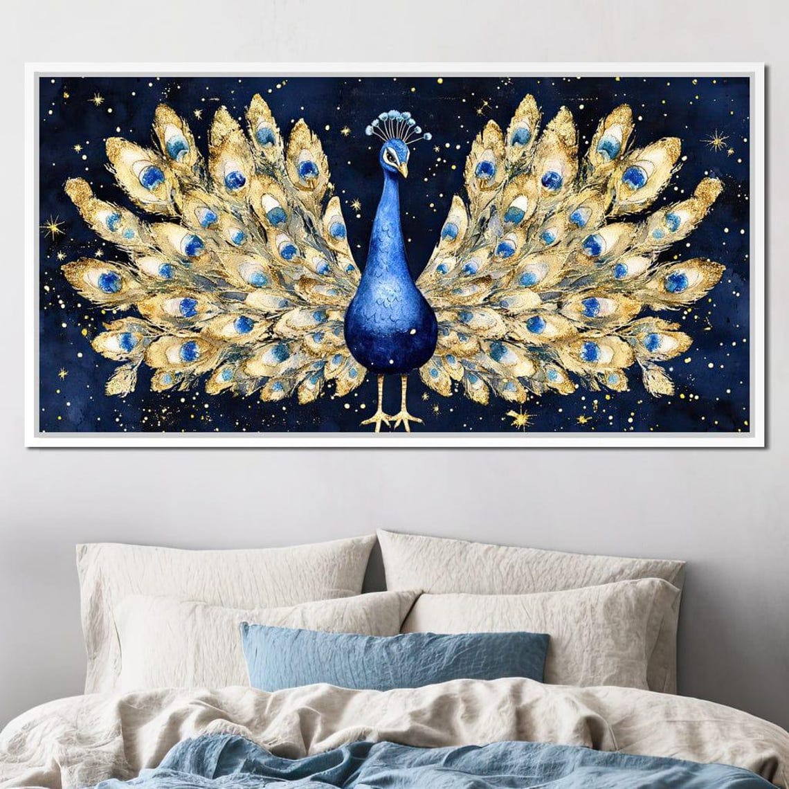 Blue Peacock With Golden Tail Feathers Under A Starry Sky Poster - Image 3