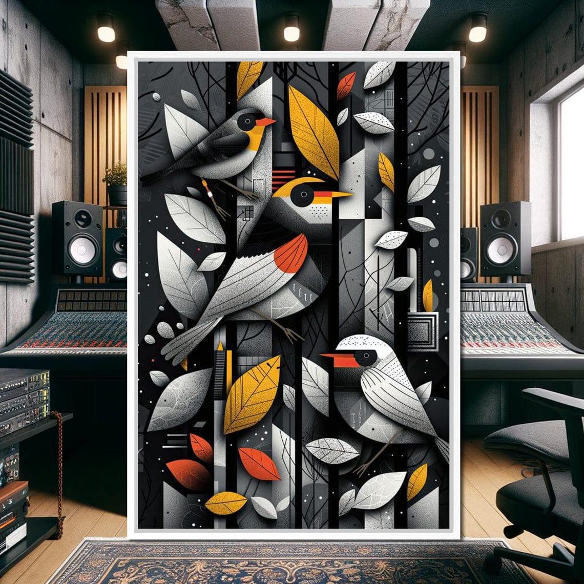 Geometric Birds Autumn Leaves Black White Gold Modern Avian Wall Art