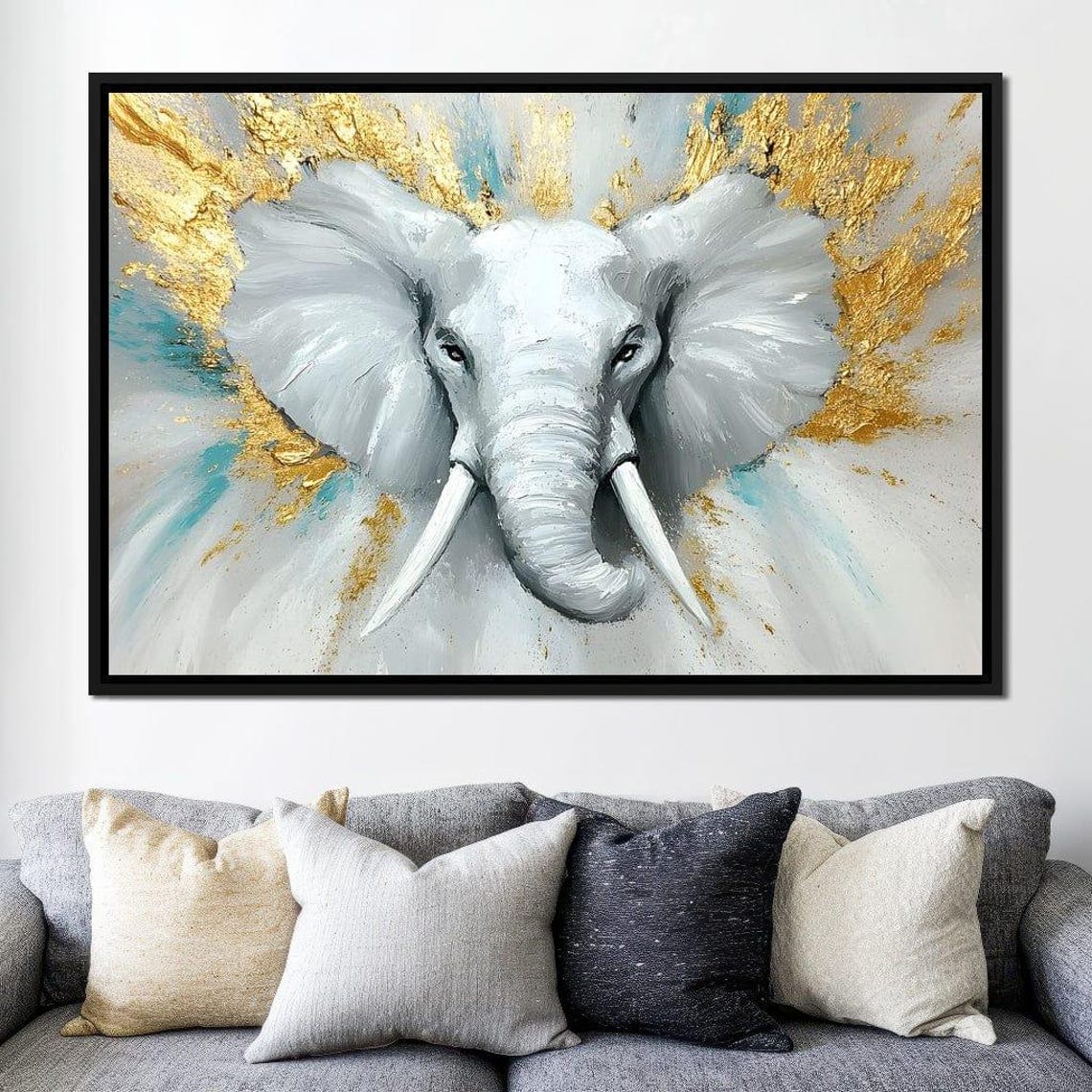 Soft Gray Elephant Head with Gold Leaf on White Framed Poster - Image 4