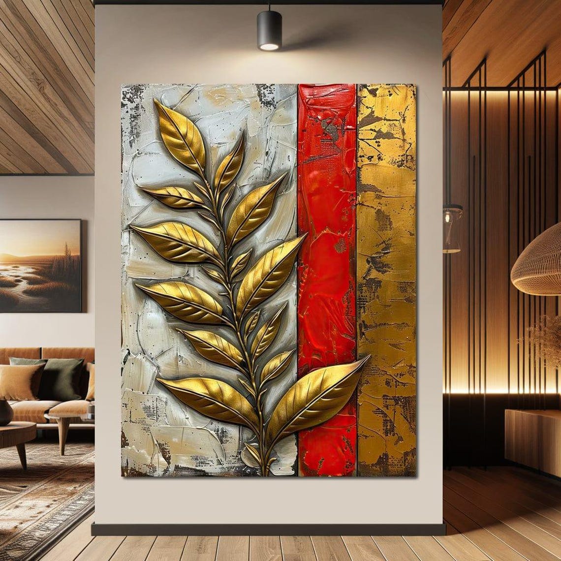 Gold Leaf Branch Red White Textured Abstract Botanical Wall Poster - Image 3