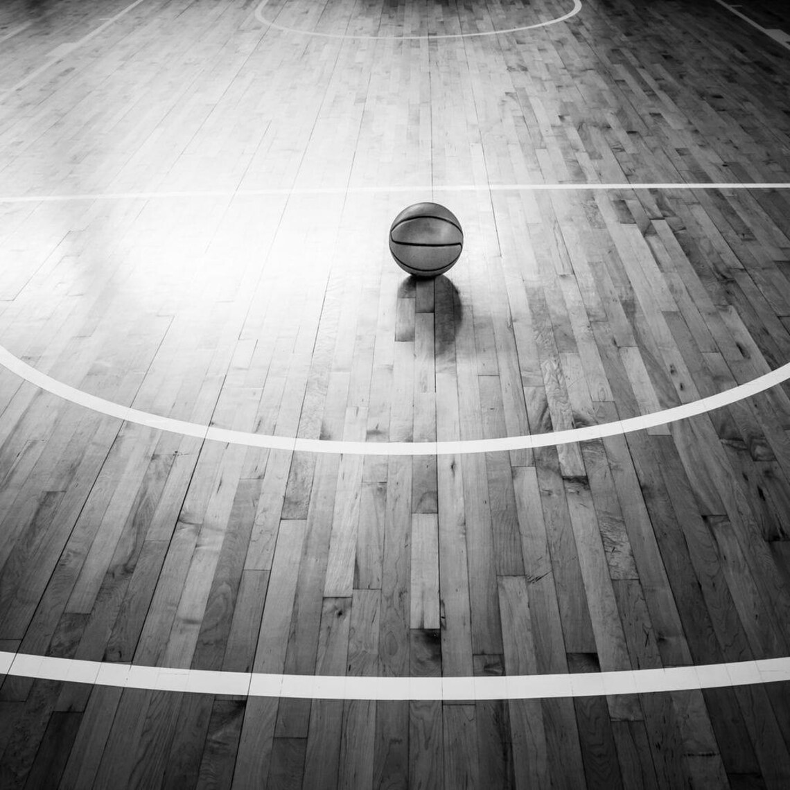 Basketball On Hardwood Court Black And White Five Panel Sports Wall Poster - Image 2