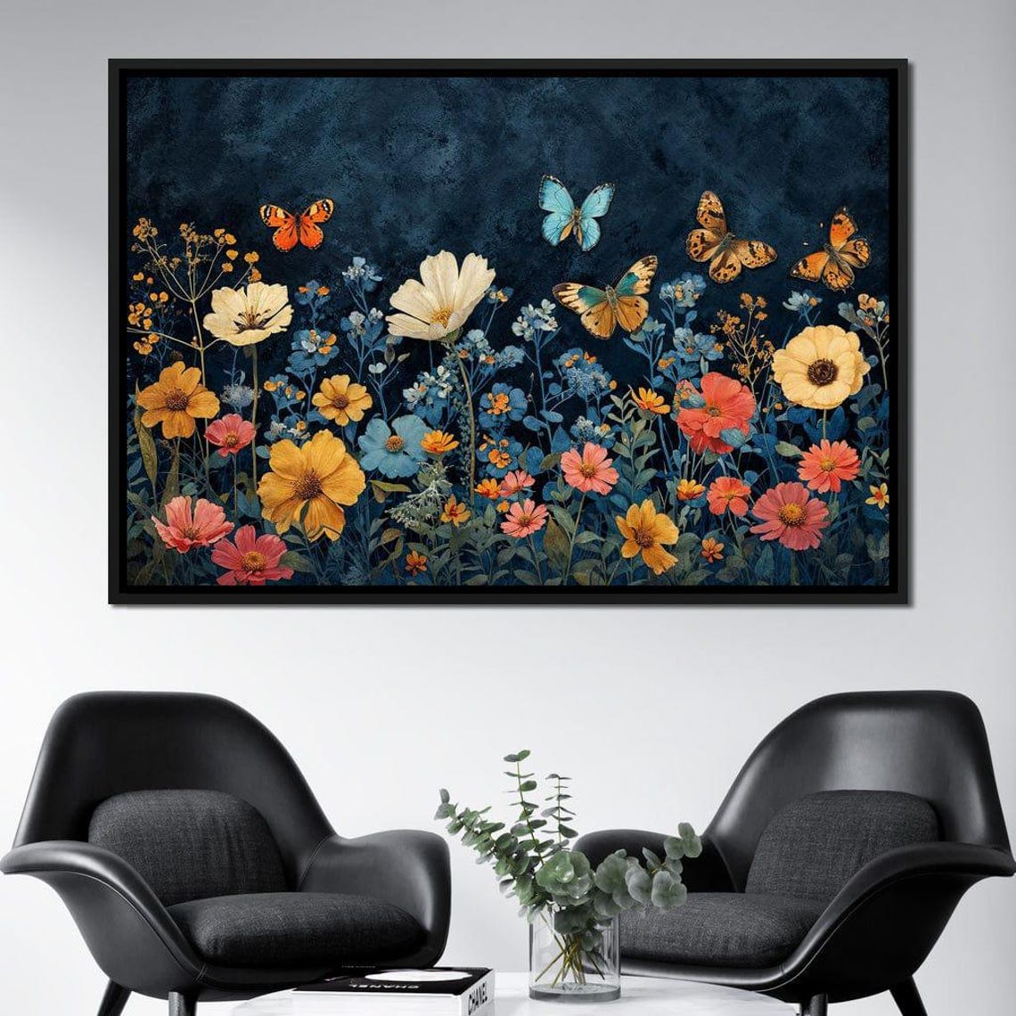 Midnight Wildflower Garden Butterfly Night Botanical Wall Art Poster - Image 2