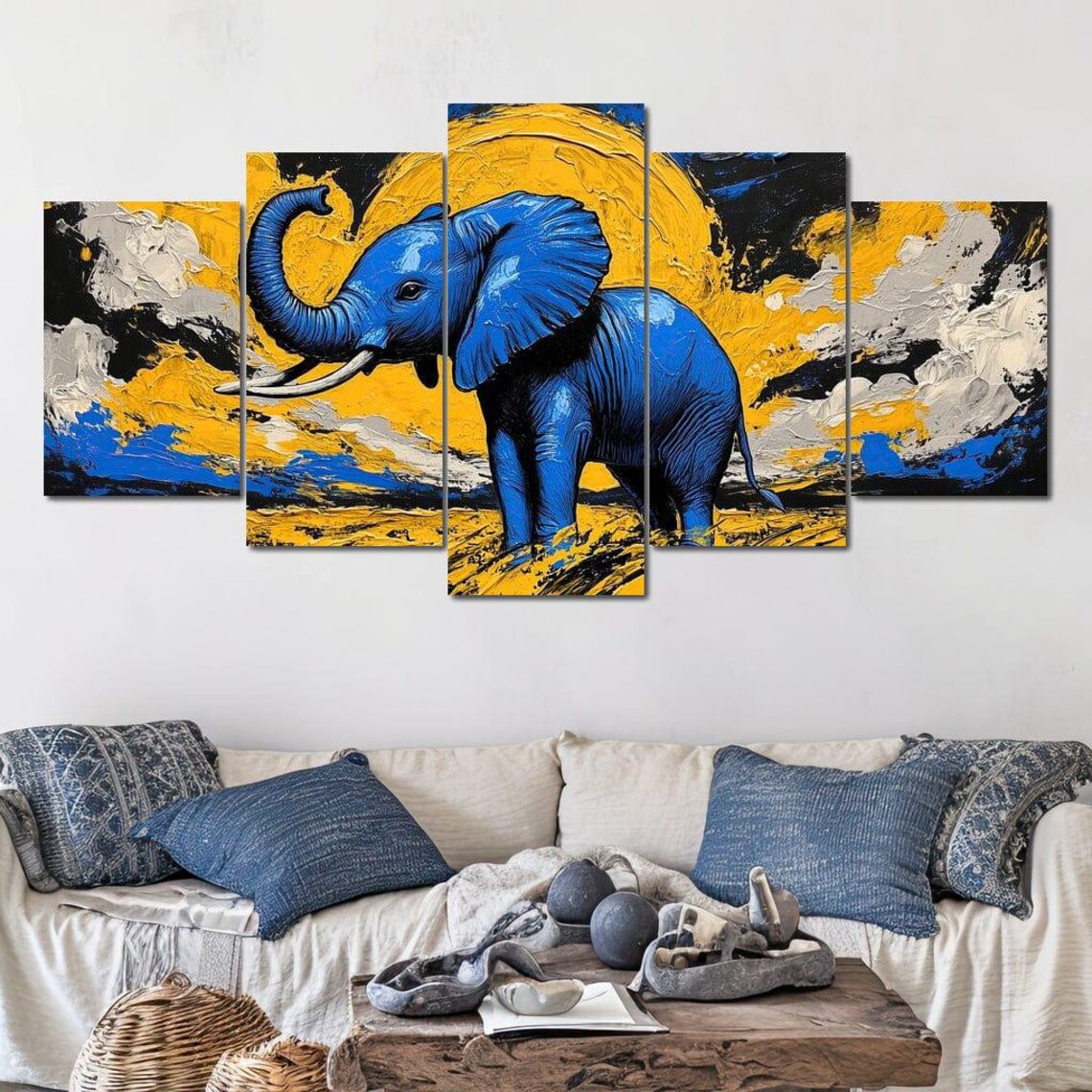 Blue Elephant Under Giant Golden Sun Impasto Savanna Wildlife Art Poster - Image 3