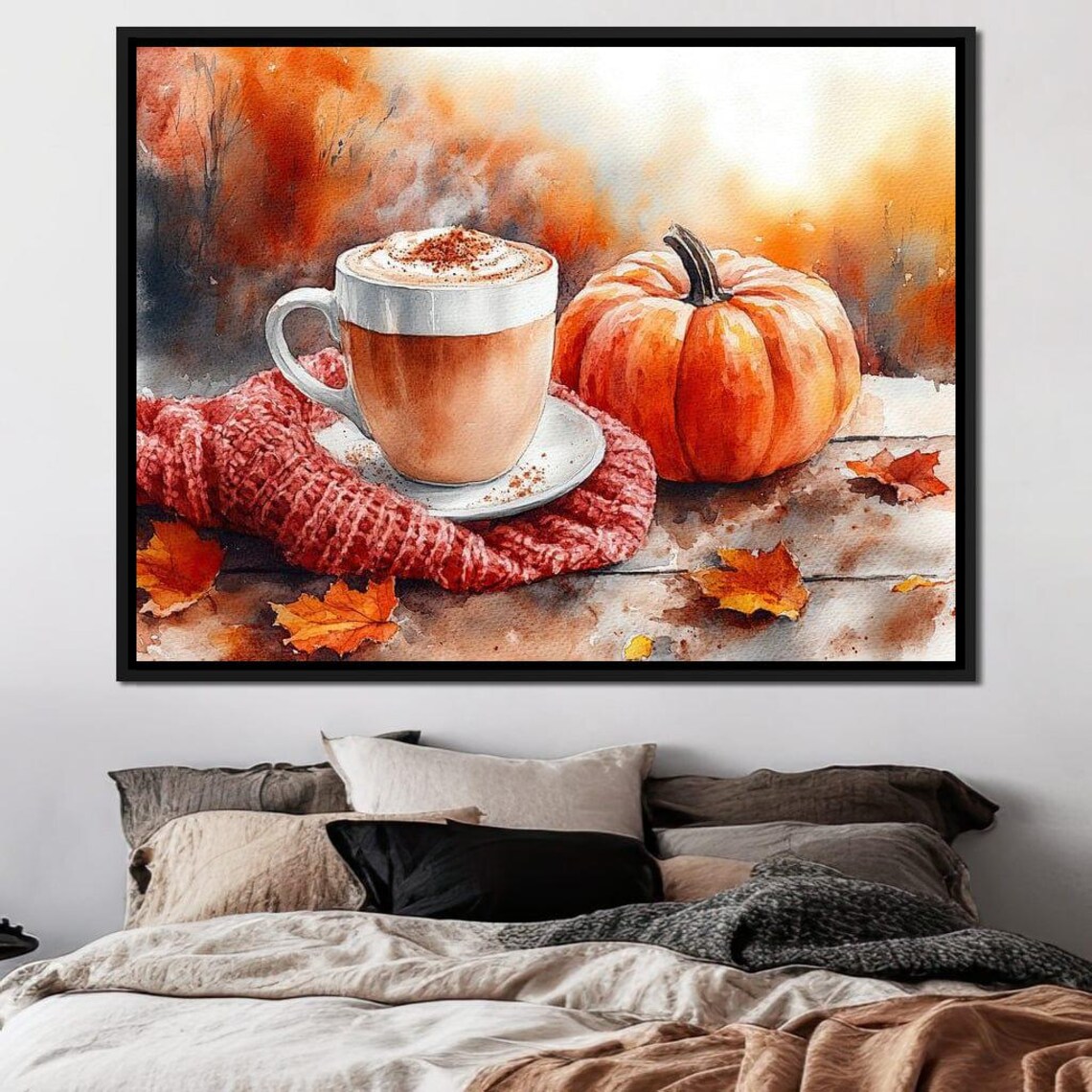 Cozy Fall Coffee Cup Red Scarf Pumpkin Watercolor Autumn Kitchen Poster - Image 2