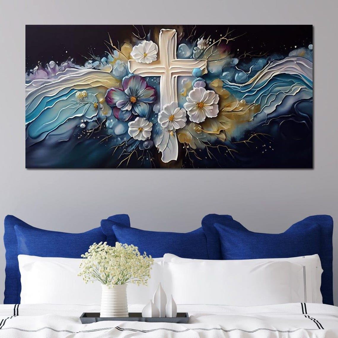 White Floral Cross On Midnight Blue Abstract Christian Faith Poster - Image 4