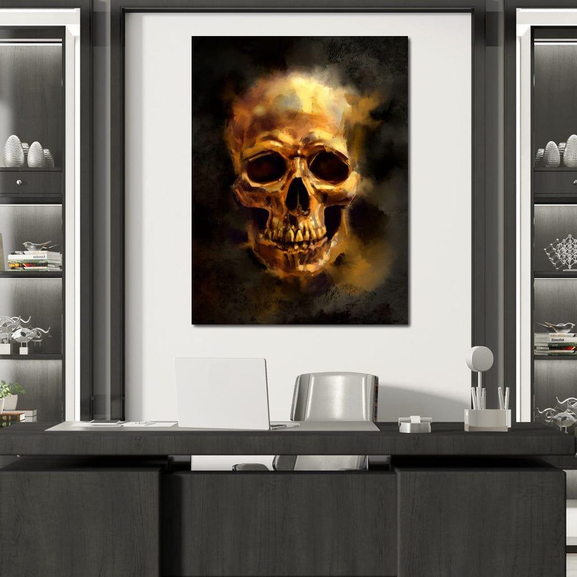 Golden Skull Black Smoky Background Gothic Dark Wall Art Poster - Image 4