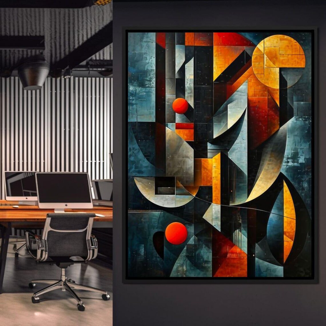 Cubist Abstract Orange Sun Spheres Dark Blue Grey Geometric Art Poster