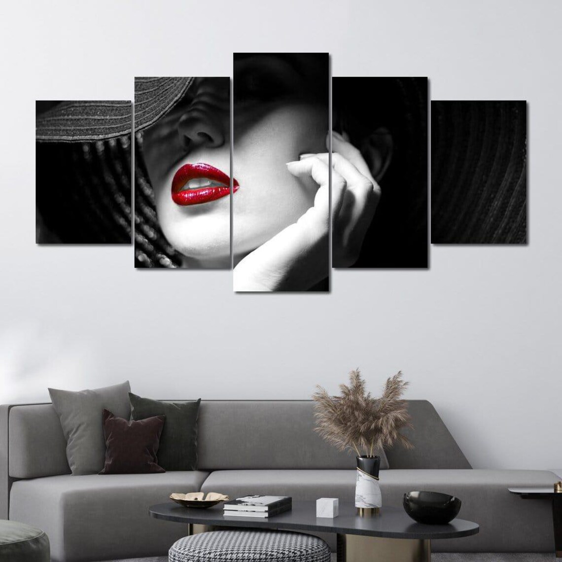 Black And White Woman Red Lips Hat Five Panel Canvas Portrait Mood Poster