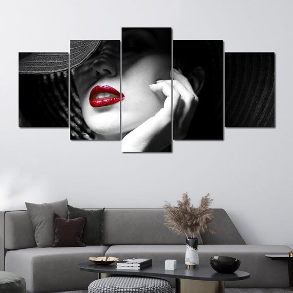 Black And White Woman Red Lips Hat Five Panel Canvas Portrait Mood Poster