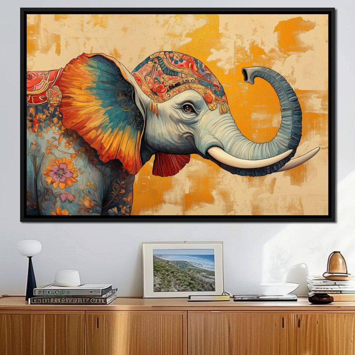 Colorful Painted Elephant Floral Paisley Orange Background Boho Art Poster