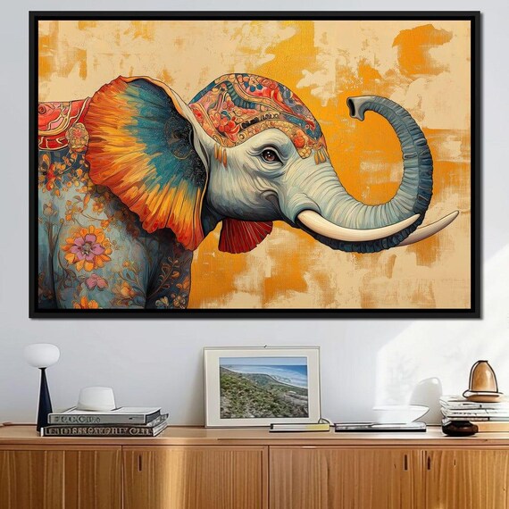 Colorful Painted Elephant Floral Paisley Orange Background Boho Art Poster